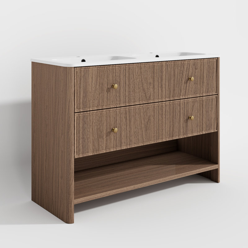 Meuble-lavabo double sur pied de style ferme moderne de 122 cm (48 po) avec comptoir Duo Experience, grand angle en R, tiroirs encastrés à fermeture amortie et poignées en laiton brossé.