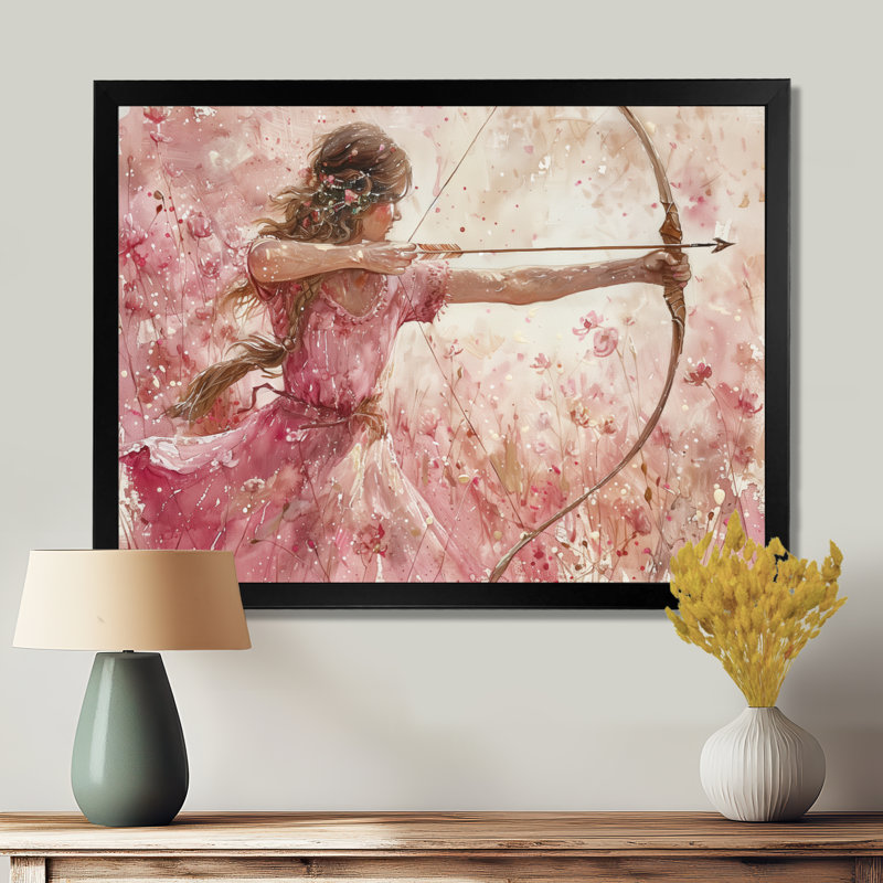Cupidon rose astrologie Sagittaire - astronomie, art mural salon Sagittaire, Cadre flottant doré, H 34 po x l 44 po