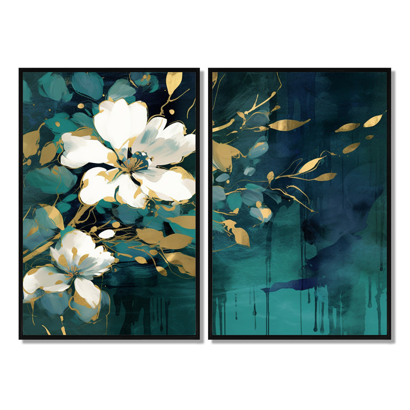 Grandes fleurs blanches bleu sarcelle dans le chaos III - grande décoration florale, 36" H x 48" W, Black