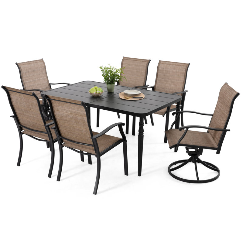 Patio 7 Pieces PVC-coated polyester Dining Set With Swivel Design, Umbrella Hole, Black