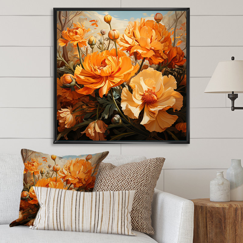 " Gold Marigold Marigold Melody I ", 16" H x 16" W x 1" D, Black Floater Framed