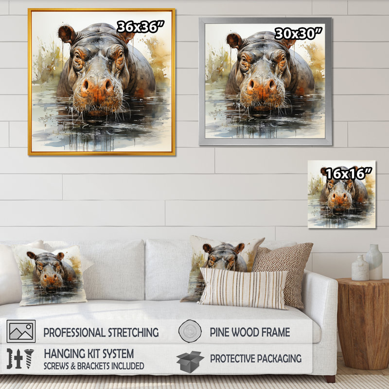Hippopotame gris et gris, Cadre simple argenté, H 16 po x l 16 po x P 1 po