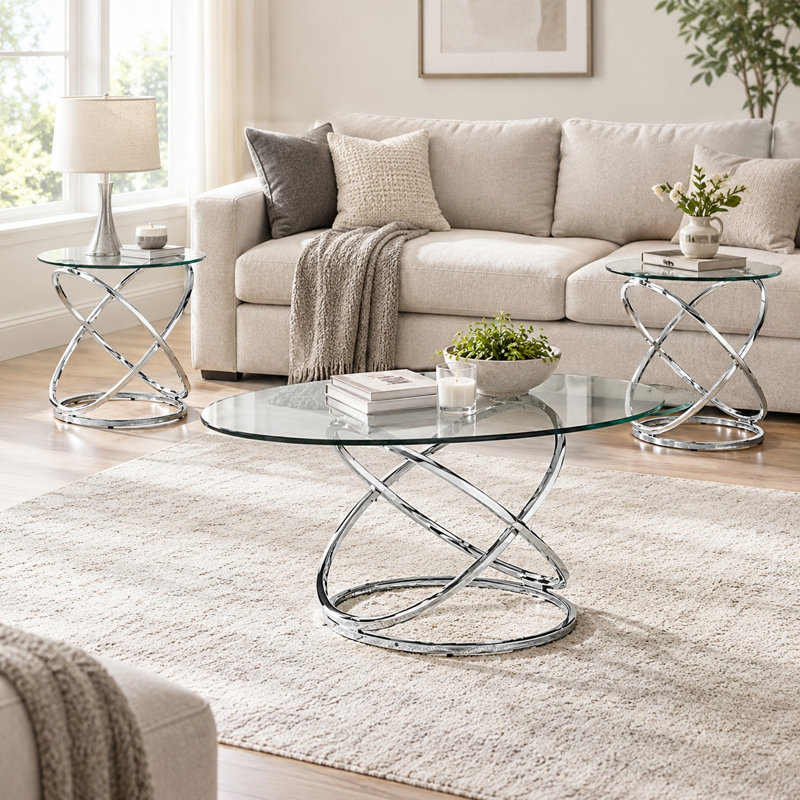 Ensemble de tables basses contemporaines en acier inoxydable avec deux tables de bout de couleur chrome, de conception moderne et de fabrication robuste pour les espaces de vie principaux