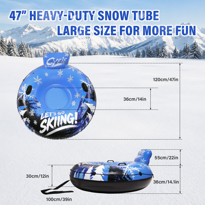 Cyfie 47" Heavy Duty Snow Tube, K80 PVC Inflatable Sled for Adults and Kids，Towable Snow Sledding with Tow Rope, Backrest & Handles, Cold Resistant, 365lbs Load Capacity, Winter Gift Ready