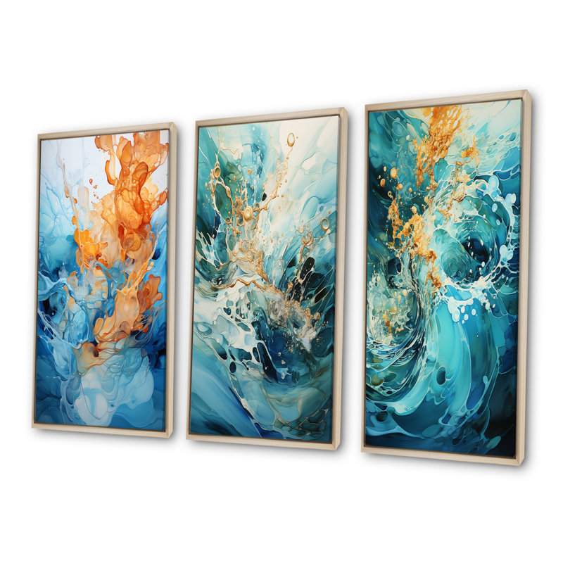 Ensemble de salon mural Aqua Dream Rush Flow I - Abstract Collages, H 40 po x l 60 po, Cadre flottant brun