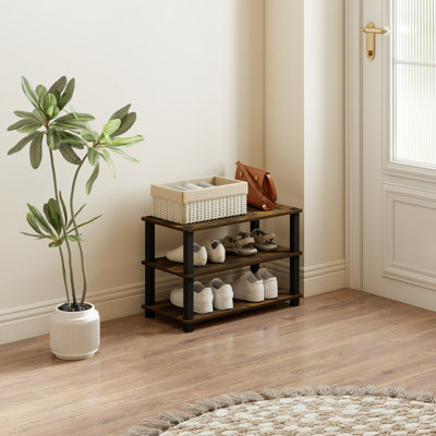 3-Tier 23.6"W Wood & PVC Tubes Shoe Rack, Shoe Shelf Holds up to 9 Pairs for Enterway