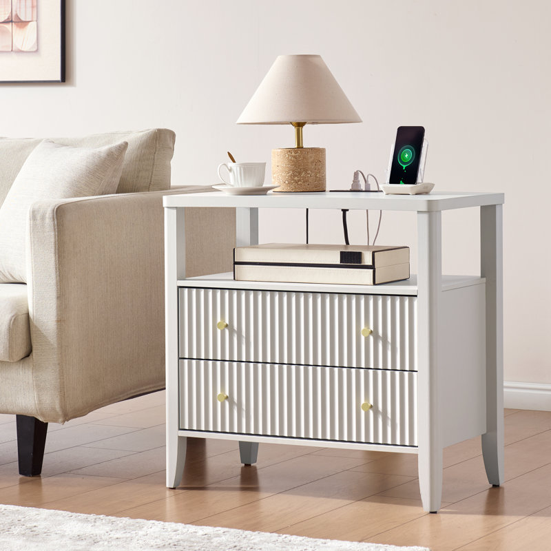 Overstreet 27'' Fluted Nightstand with Charging Station, 2-Drawer Bedside Table with Open Shelf and Solid Wood Legs
