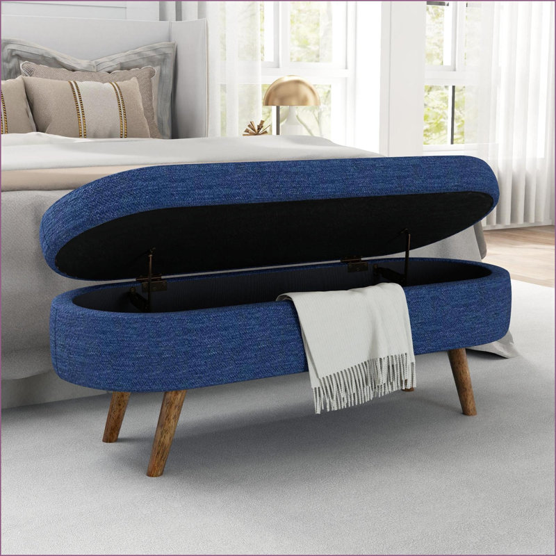 Ottoman Oval Storage Bench, Navy Blue Linen, 43.5”x16”x16” | Living Room | Wood | Walnut Brown