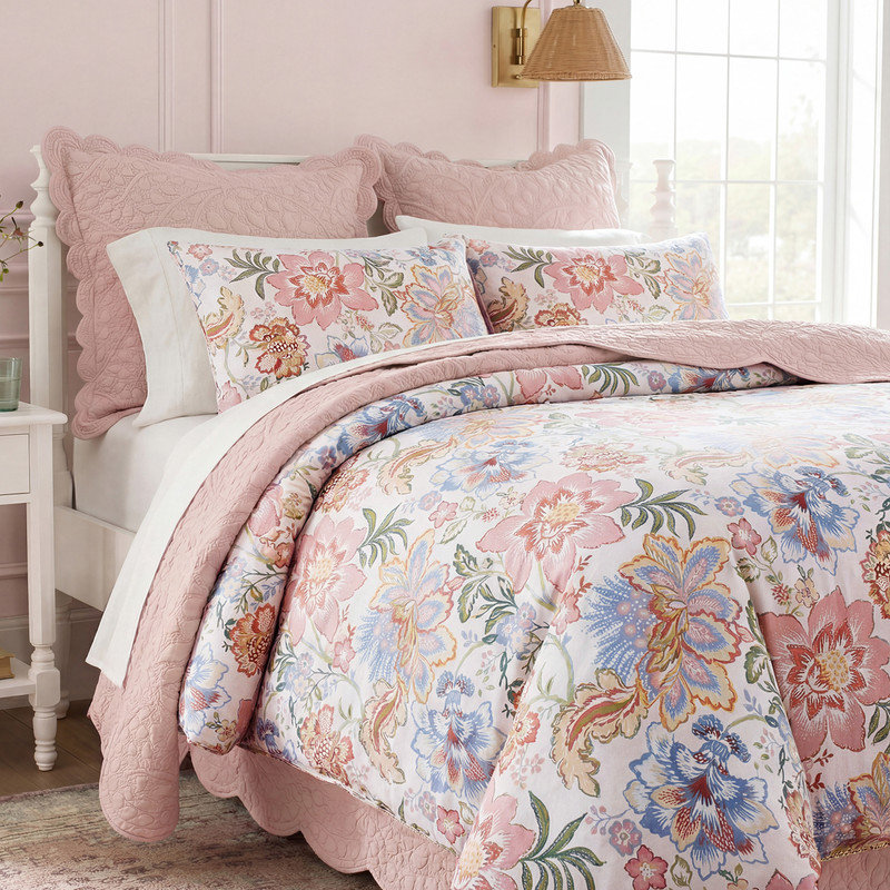 Ensemble de literie pour grand lit à motif floral rose 100% coton à motif de feuilles vertes Ensemble de housse de couette 3 pièces super doux et respirant avec fermeture à glissière et attaches de coin