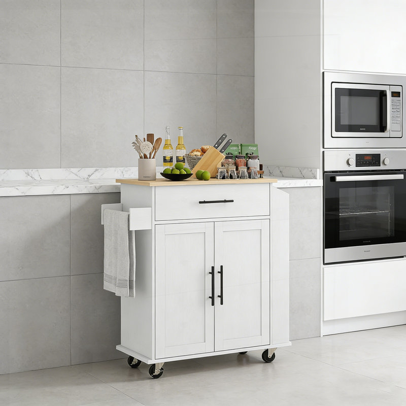 Rolling Kitchen Island with AC Outlets, USB Ports, Storage Cabinet, Spice Rack, and Towel Holder for Modern Kitchens., White
