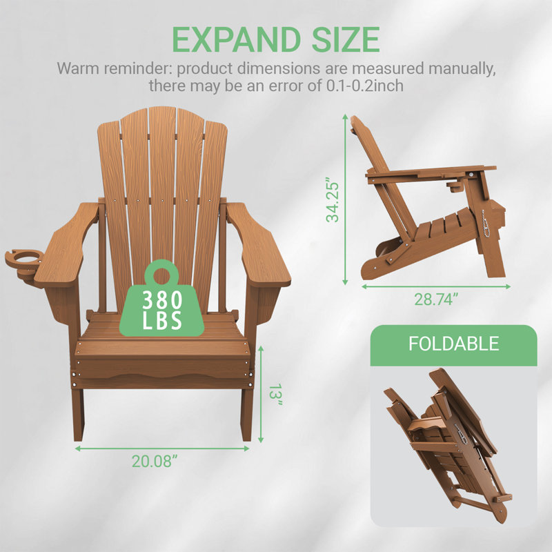 Folding Adirondack Chair With Cup Holder,HDPE Outdoor Chair With Comfort Ergonomic Seat For Patios,Lawn,Garden, Backyard Use