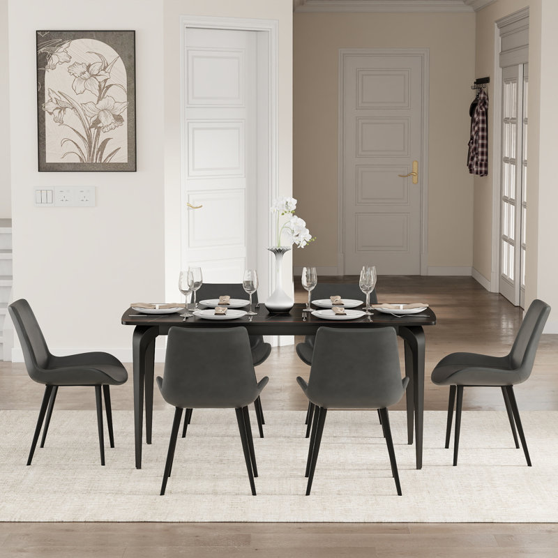 6 Seat Modern Stone Dining Table Set With Faux Leather Side Chairs, 7-piece Dining Set, Gray, Black