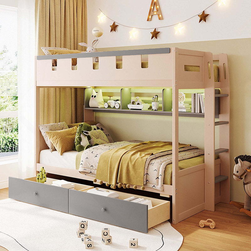 Lit superposé de style château avec 2 tiroirs de rangement, tablette et lumière DEL, Grey, Twin