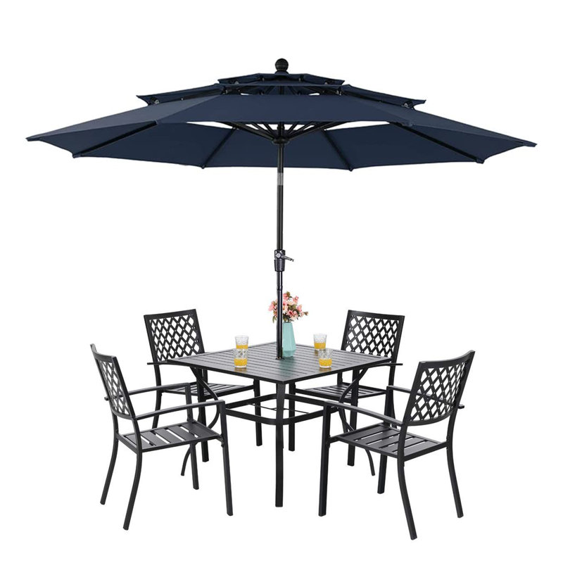 Ensemble de salle à manger long pour 4 personnes 37 "avec parasol Leonard, Marine