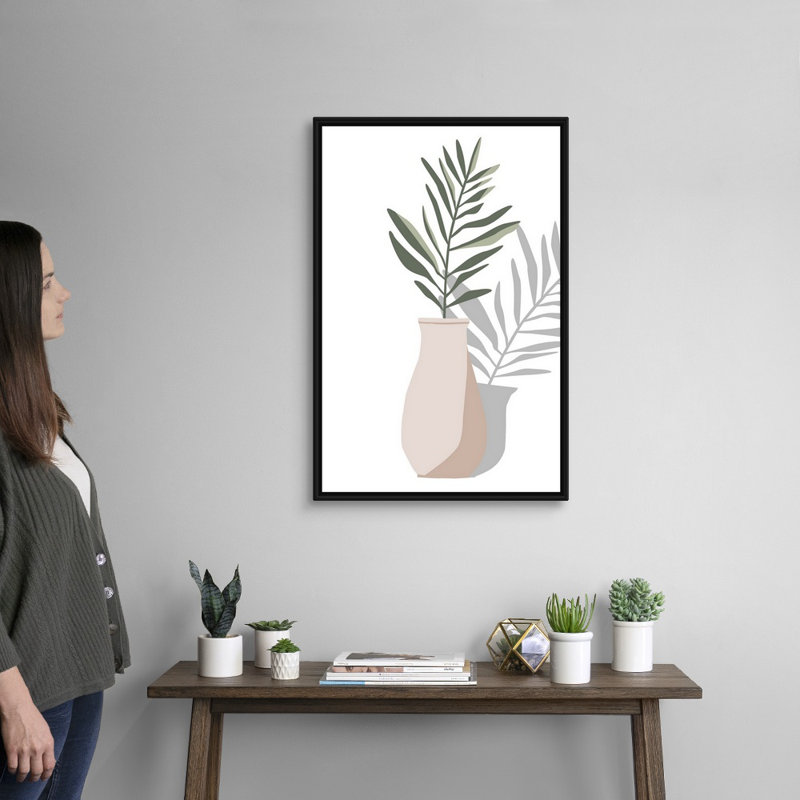 Vase et tige II, art mural, Toile encadrée noire, H 32 po x l 22 po