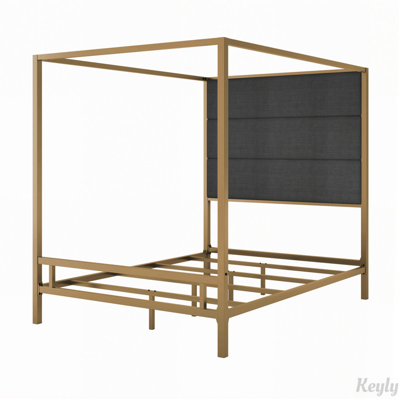 Lit à baldaquin moderne avec tête de lit rembourrée haute et cadre en métal, Queen, Dark Grey,Gold