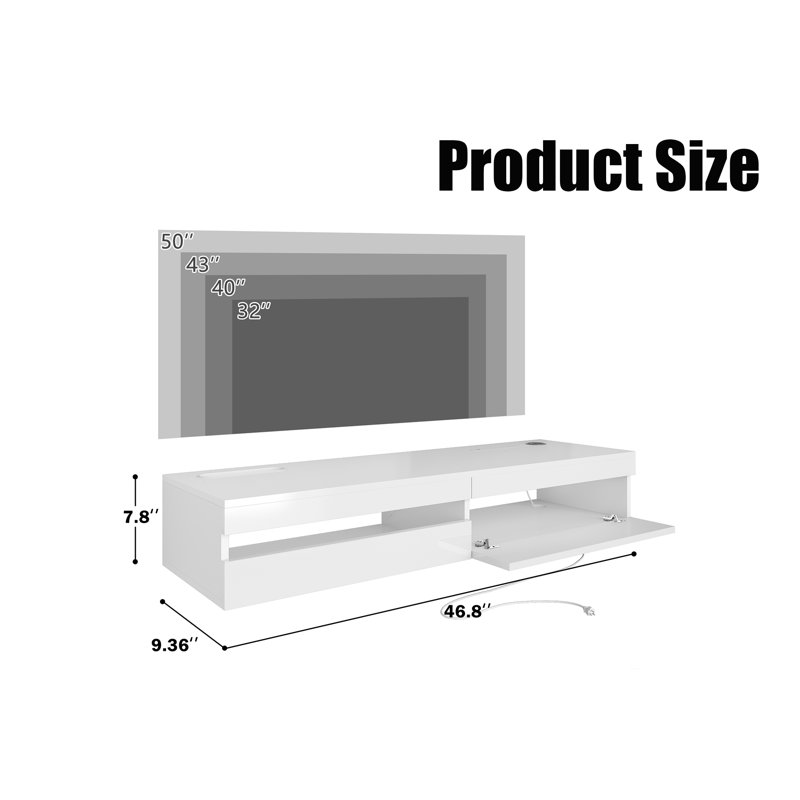 Meuble télé flottant, H 7,8 po x L 46,8 po x l 9,36 po, Blanc