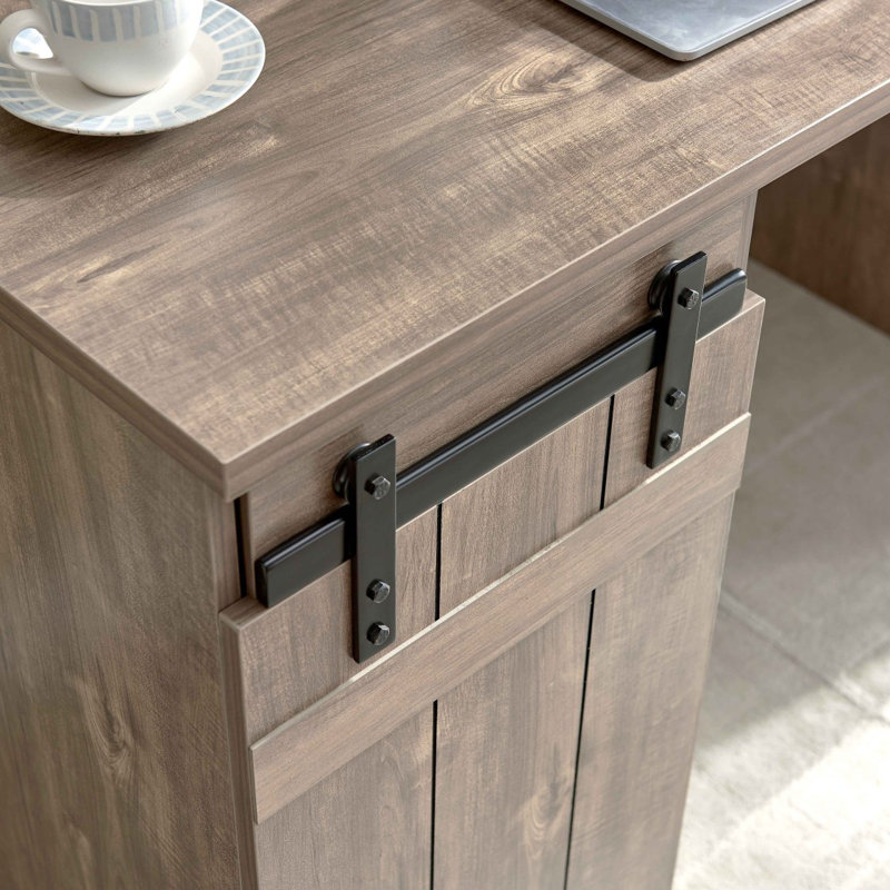 Home Office Desk One Cabinet Three Shelves Faux Barn Door On Metal Euro Hinges Modesty Panel, Light Brown