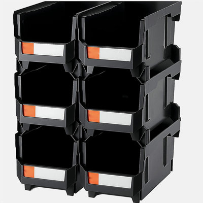 Plastic Stackable Storage Bins, 14.8 x 8.5 x 7.1 inch (6 Pack), Plastic Containers for Organizing and Storage Bins for Closet, Garage, Small Parts, Office Supplies and Other Accessories, Black