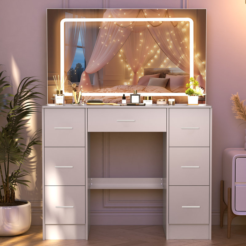 Vanity Set With Large Lighted Mirror Vanity Desk Makeup Table With 7 Drawers, White