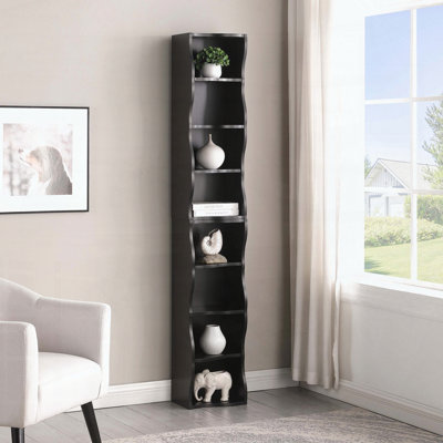 8-Tier Thin Bookshelf with Wavy Border Design and Adjustable Shelves for Home Office