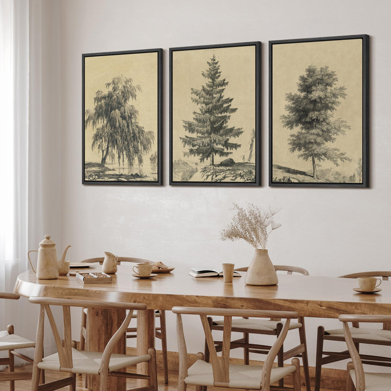 «Arbres solitaires dessin détaillé botanique nature paysage rétro classique rustique Art décontracté» 3 pièces