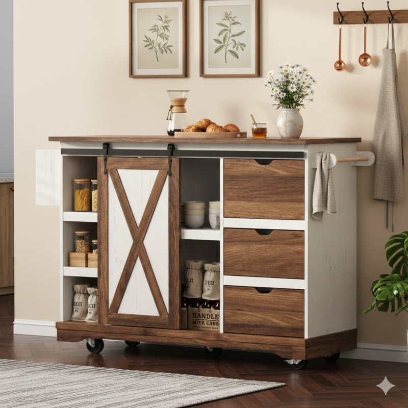 55.5-Inch Farmhouse Kitchen Island with Drop-Leaf Extension, Barn Door Accent Storage Island, Power Outlet, Rolling Cart on Wheels, Spice Rack – Suitable for Home, Kitchen, and Dining Room, White Finish