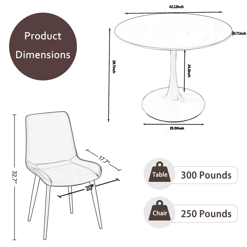 Small Round Pedestal Dining Set, White, 5 Pieces: Table, 4 Chairs, Brown