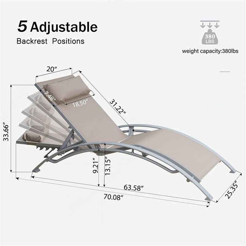 Ensemble de 2 chaises longues d'extérieur inclinables avec dossier réglable et coussin amovible pour la piscine intérieure et extérieure