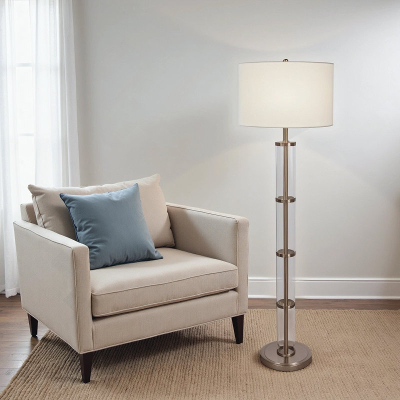 Lampe sur pied Nimbus en nickel brossé avec base rotative à 3 voies en verre transparent