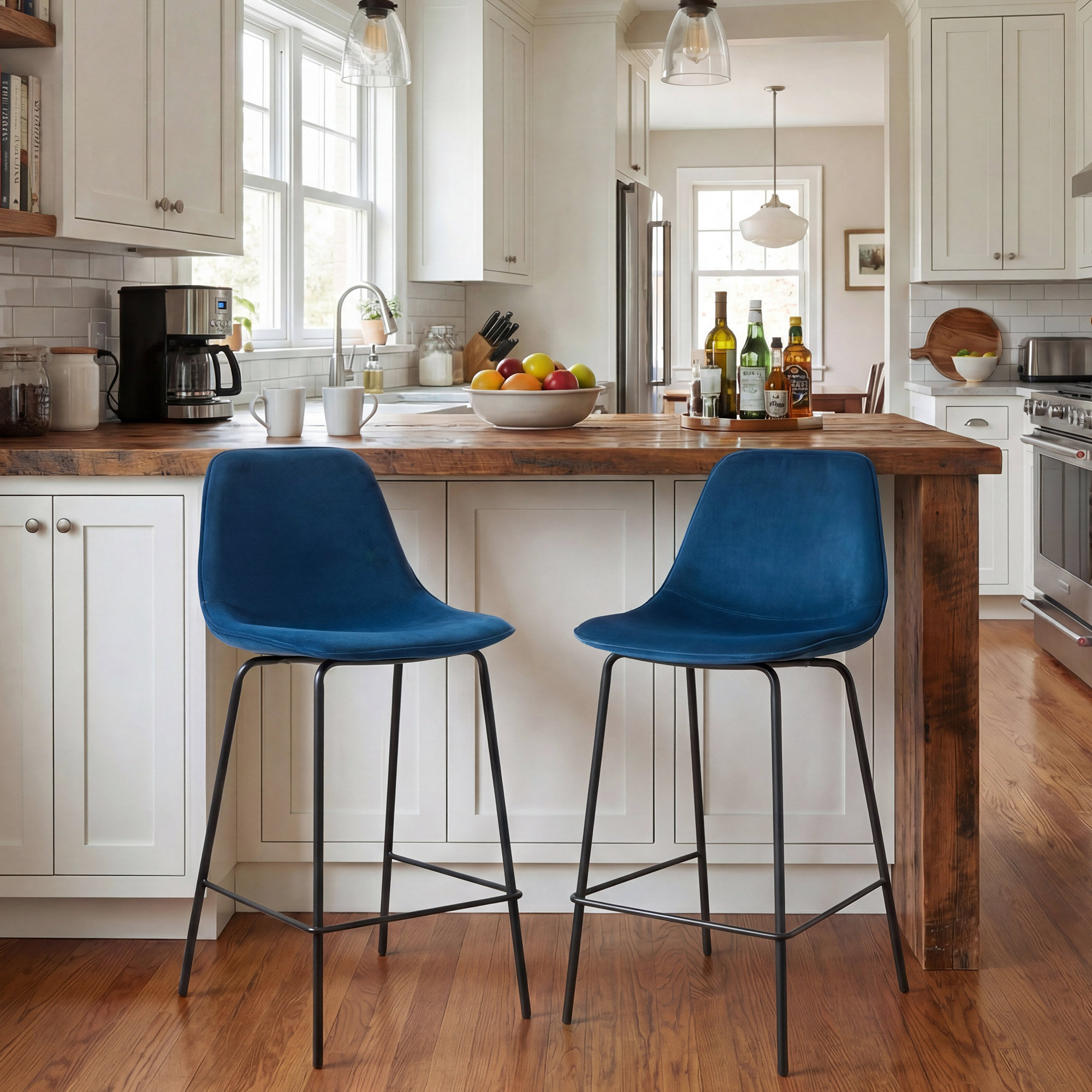 Kavi Upholstered Barstools, Counter Stool (24" Seat Height), Blue Velvet