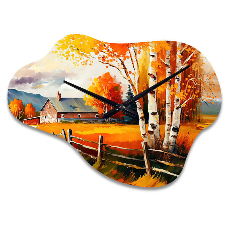 Bartosz, petit chalet en automne IV - paysage d'hiver asymétrique, horloges murales en métal, horloge murale nuage, Petit