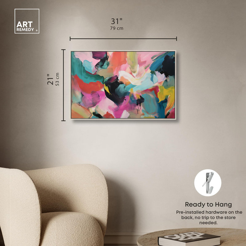 Abstrait coloré sur toile colorée par Art Remedy, Encadrement argenté, H 21 po x l 31 po x P 2 po