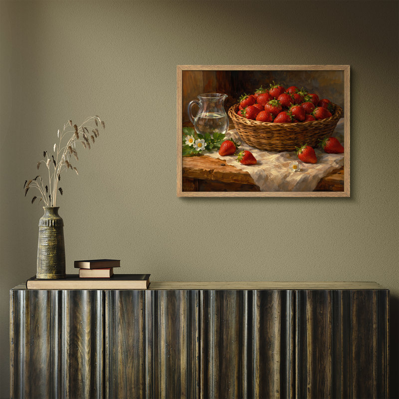 Strawberry Basket Framed Wall Art Prints - Fresh strawberries still life for kitchen, Naturel, H 11 po x l 14 po
