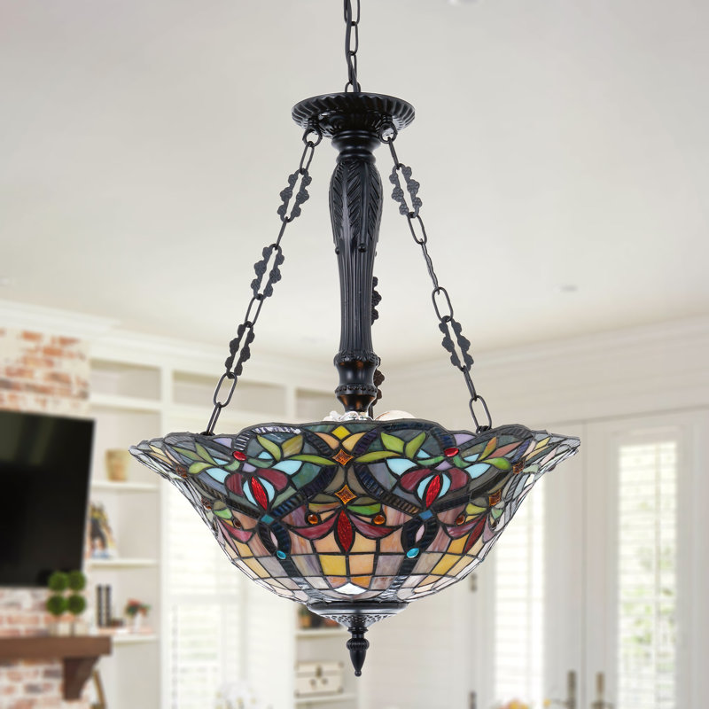 3 - Light Dimmable Tiffany Geometric Chandelier Semi Flush Mount Stained Glass Pendant Light