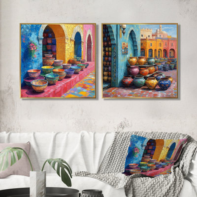 Poterie au Maroc, marché vibrant I - Art mural marocain - ensemble d'art mural traditionnel 2 pièces