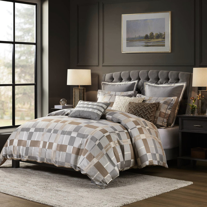 Édredon grand 8 pièces taupe avec design multicolore, élégance transitionnelle, motif damier, chaleur toute l'année et matériaux hygiéniques