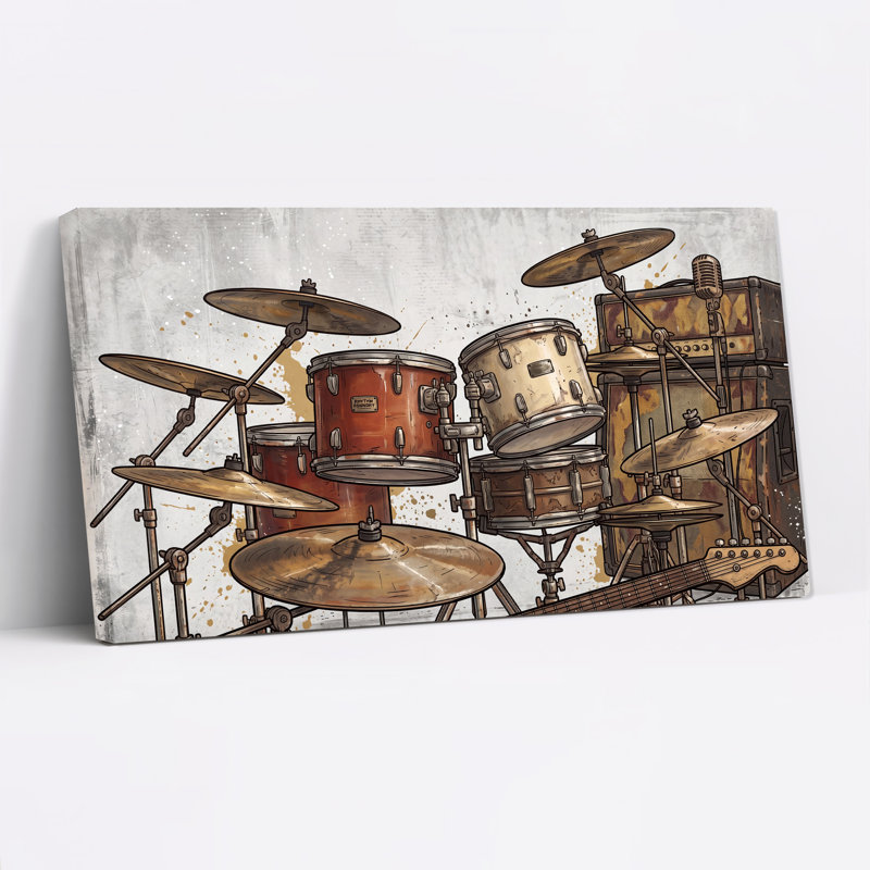 Tableau sur toile représentant une batterie et un amplificateur brun et or, L 32 po x H 16 po
