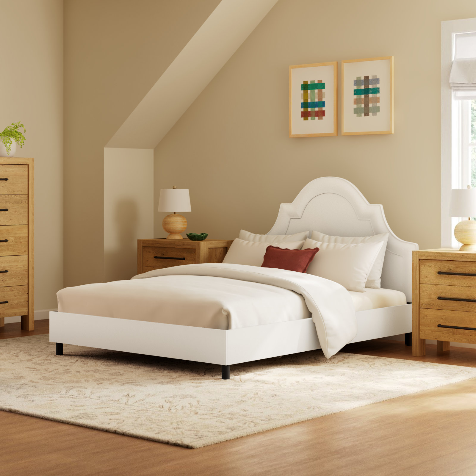 Knipe Upholstered Scalloped Bed, Queen, White Performance Twill