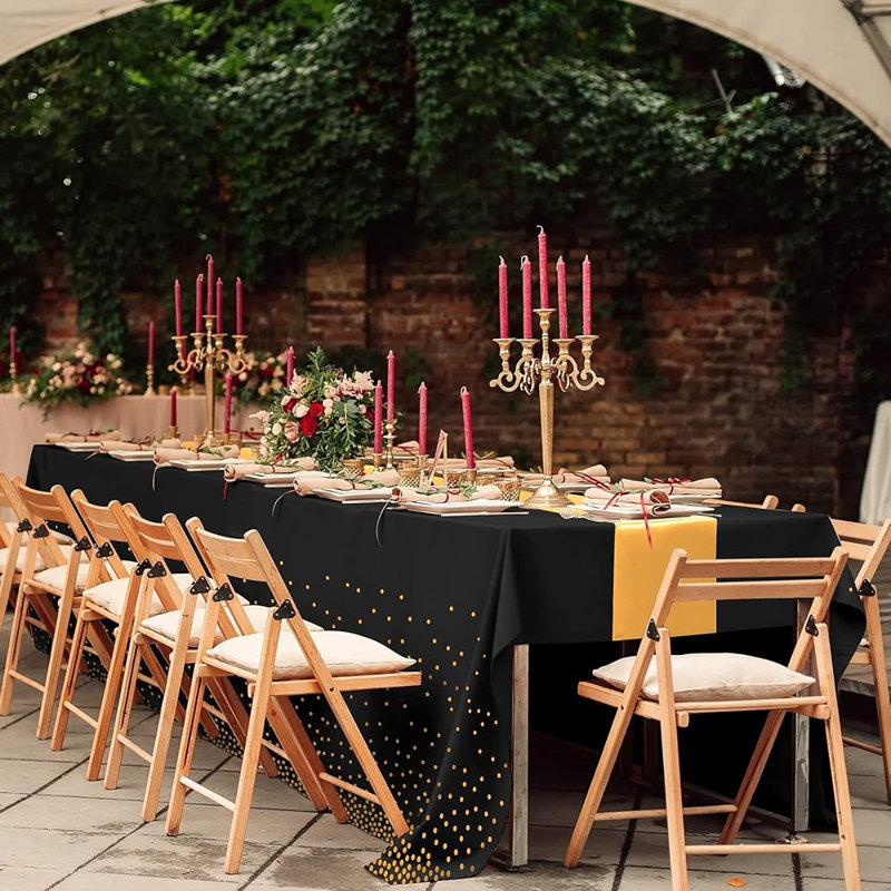Ensemble de nappe et chemin de table - Noir / Or - Nappe en plastique jetable avec motif à pois dorés, chemin de table en satin doré, pour mariage, anniversaire, fête de naissance, anniversaire et fêtes
