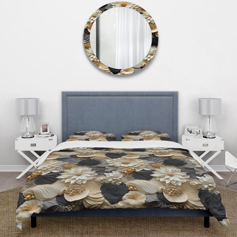 Literie à motif de dahlia beige et noir, Housse de couette pour grand lit et 2 taies décor