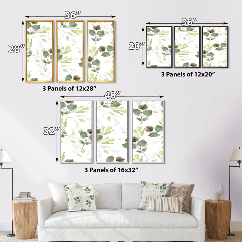 Feuilles vertes sur fond blanc - ensemble de 3 toiles encadrées, Cadre noir, H 28 po x l 36 po x P 1 po
