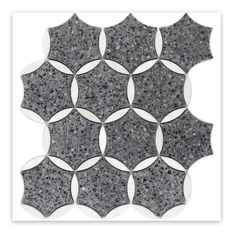 Stellare 12 x 13 Terrazzo, Dolomite Honed Star, Round Marble Tile (5.46 Sq Ft/Case) - 5 Pack, Gris anthracite / noir