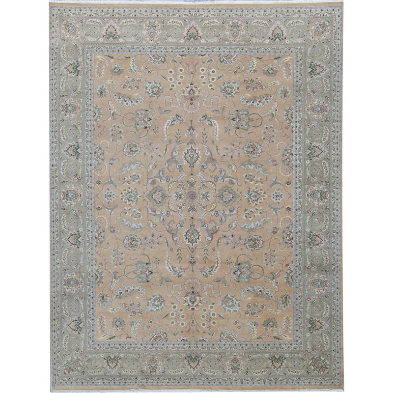 Tapis beige / vert / gris noué à la main de haute qualité