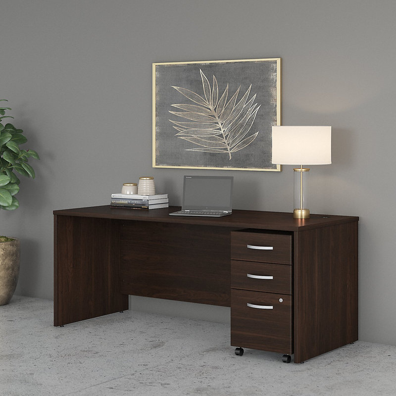 Studio C Executive Office Desk with Mobile File Cabinet, 29.84" H x 71.02" W x 29.37" D, Black Walnut