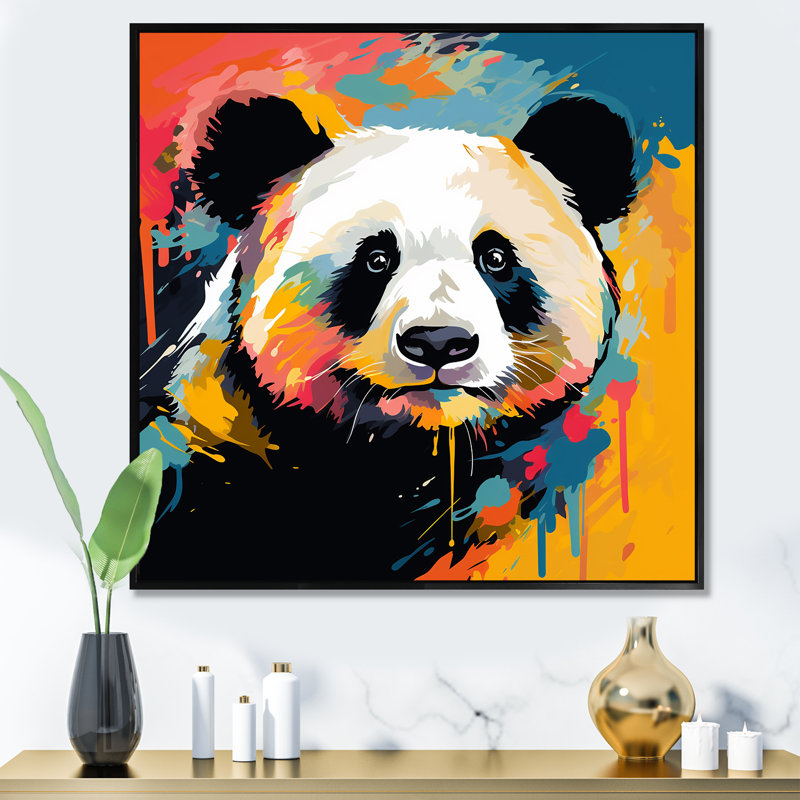 Pop Art Coloful Panda I - Art mural animal panda, H 36 po x l 36 po x P 1,5 po, Cadre flottant noir