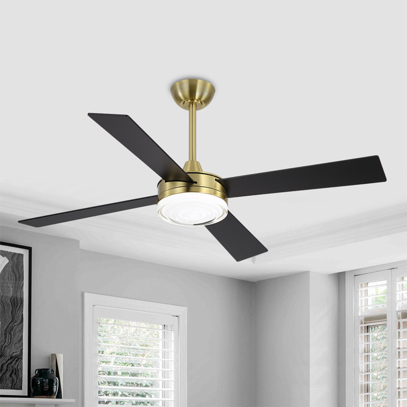 52 po Ventilateur de plafond à DEL 4 pales avec abat-jour en verre, Doré, Doré, Noir, noir, noir, noir