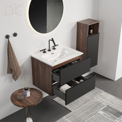 Meuble-lavabo mural noir et noyer de 24 po avec lavabo intégré en céramique avec trop-plein, 3 trous, grand meuble-lavabo flottant pour salle de bain moderne