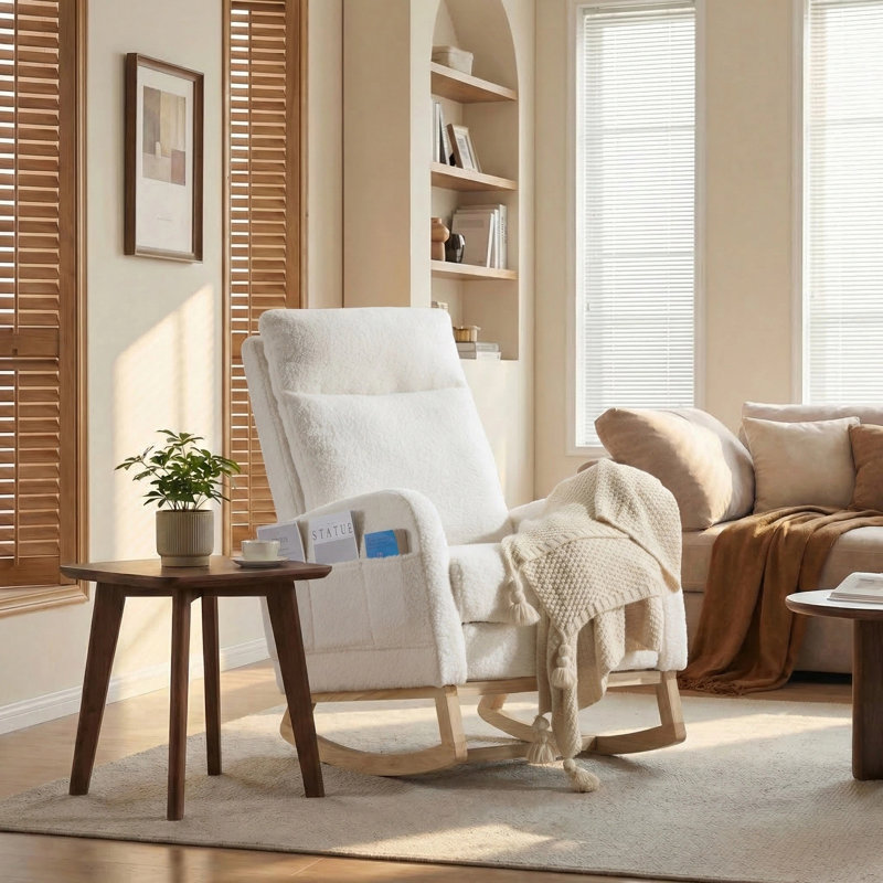 Fauteuil berçant moderne avec accoudoirs rembourrés de 24,8 po de largeur, Neige blanche - repose-pieds
