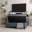 Repose-pieds en tissu bleu clair avec pieds en bouleau, assise 50 po et rangement caché-1345045170